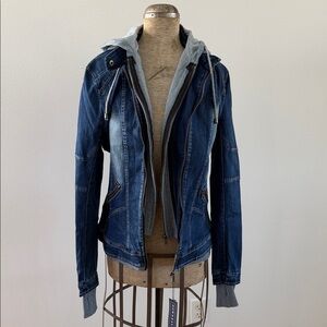 DownEast Womens Blue Denim Jean Jacket with Light Gray Hoodie Size Medium NWT